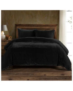 HiEnd Accents Black Stella Faux Silk & Velvet Super Queen 3-Piece Duvet Cover Set
